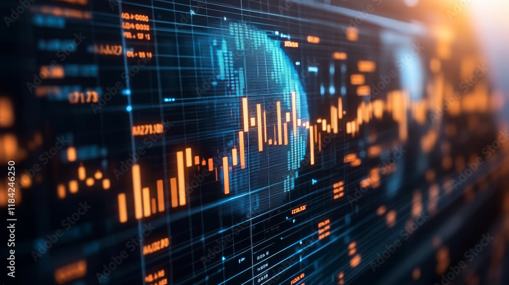 Poster conceptual image of globe with financial data, showcasing vibrant graphs and charts. this visual rep