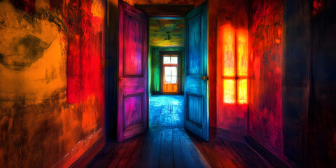 Vibrant Open Doors Colorful Interior Artistic Scene Color Explosion Entryway Surreal Fine Art for Home, Office and More
