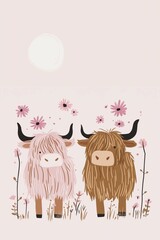 Adorable Highland Cows in a Floral Meadow