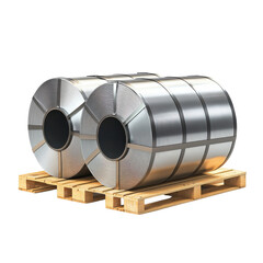 Two large rolls of metallic steel coils stacked on a wooden pallet, isolated on a white background, showcasing industrial materials for manufacturing.