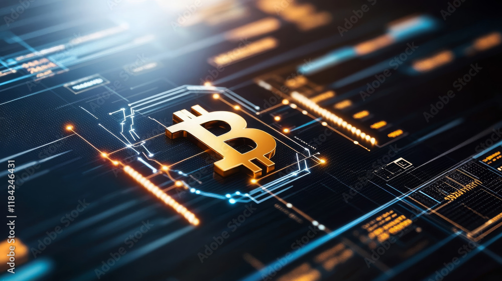 Poster digital representation of bitcoin symbol on futuristic interface, showcasing interconnected technolo