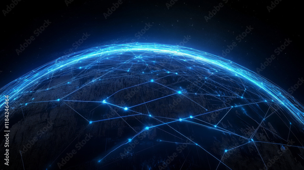 Poster conceptual image of globe with interconnected lines representing global connectivity and technology.