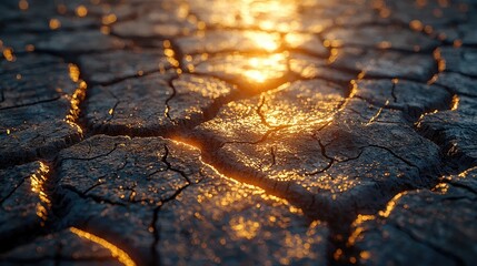 Cracked Earth: A dry, cracked desert floor with deep crevices spreading like spiderwebs across the dusty ground