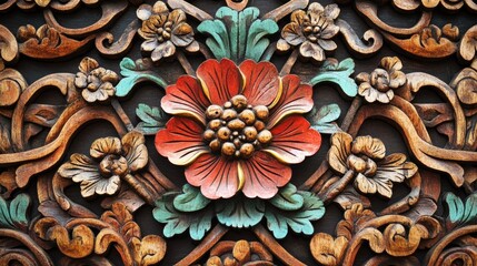 Intricate wooden floral carving artisan workshop decorative art indoor close-up craftsmanship and heritage