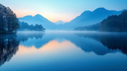 Fototapeta premium Serene dawn mist blankets tranquil lake, reflecting majestic mountains.