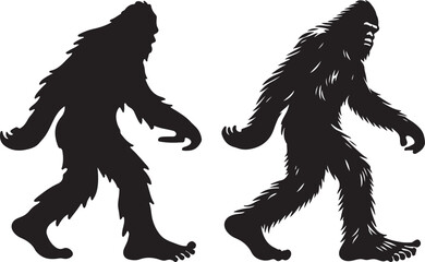 Fototapeta premium Walking Bigfoot Silhouette Vector Art. Bigfoot yeti silhouette set, isolated white background