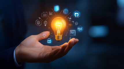 creative digital illustration showcasing hand holding glowing light bulb surrounded by various icons representing ideas, technology, and innovation