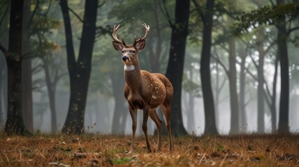 Majestic deer in a misty forest. (1)