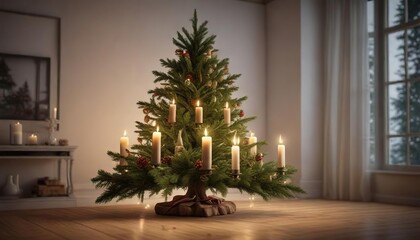 Evergreen fir Christmas tree with candles on branches , wooden base, winter wonderland, warm glow