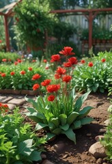 Fleur de artichaut rouge et vert dans le jardin potager, greenery, red and green blooms, gardening