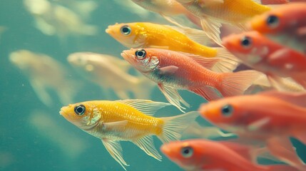 Stunning Close-up of Vibrant Goldfish and Orange Fish Swimming in an Aquarium. Captivating Underwater Scene Showcasing the Beauty of Aquatic Life. A Perfect Blend of Color and Grace in Nature.
