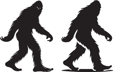 Walking Bigfoot Silhouette Vector Art. Bigfoot yeti silhouette set, isolated white background