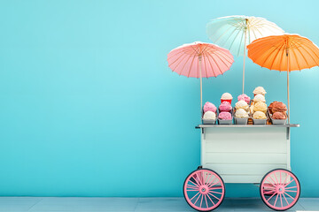 Classic Gelato Cart with Diverse Flavors on a City Street blue background