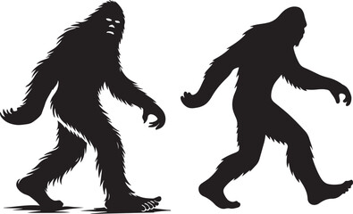 Walking Bigfoot Silhouette Vector Art. Bigfoot yeti silhouette set, isolated white background