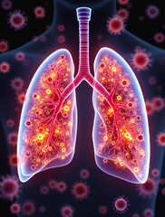 Semi-Transparent 3D Anatomical Image of hMPV Metapneumovirus Infection in Human Lungs with Visible Inflamed Areas and Viral Particles
