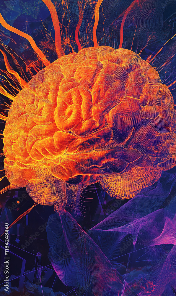 Poster vibrant abstract brain with neural connections and glowing energy