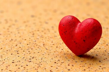 Fototapeta premium Red textured 3d heart-shaped decoration on a textured beige surface with copy space. Background resembles sand, plaster or cork rough surface. Valentine's Day or celebration of love. Mock-up