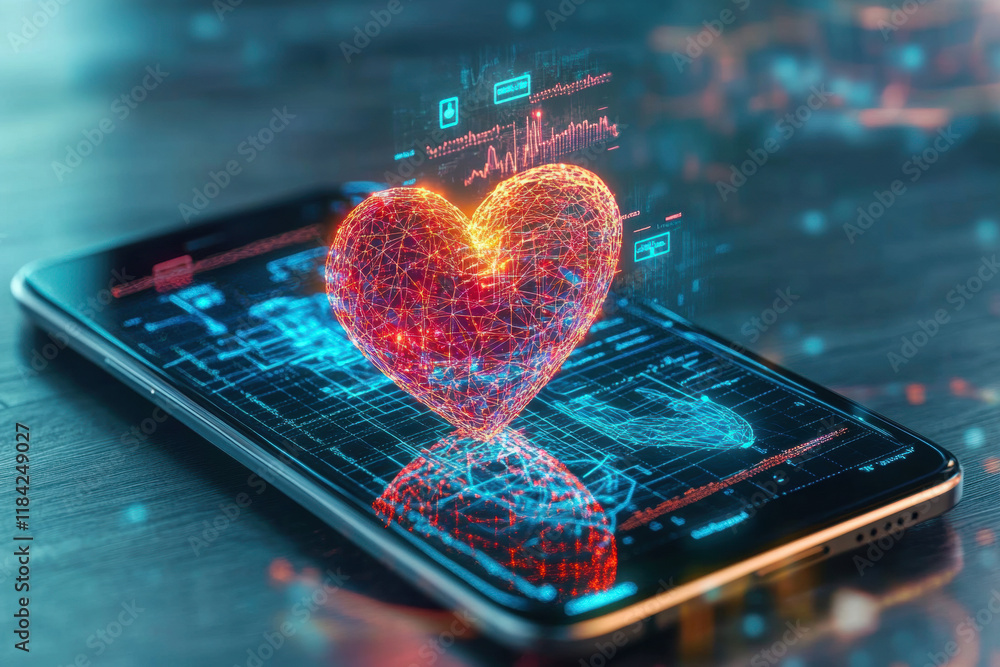 Poster digital heart, close-up image of a digital heart icon displayed on a smartphone, illustrating techno