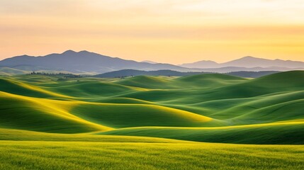 Sunset over picturesque rolling hills with a serene golden glow