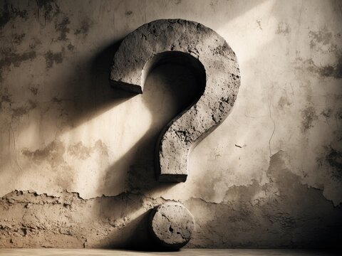 Rustic wall with textured large question mark and natural shadow in vintage style