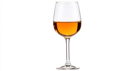 Elegant Crystal Wine Glass with Amber-Colored Liquid on White Background