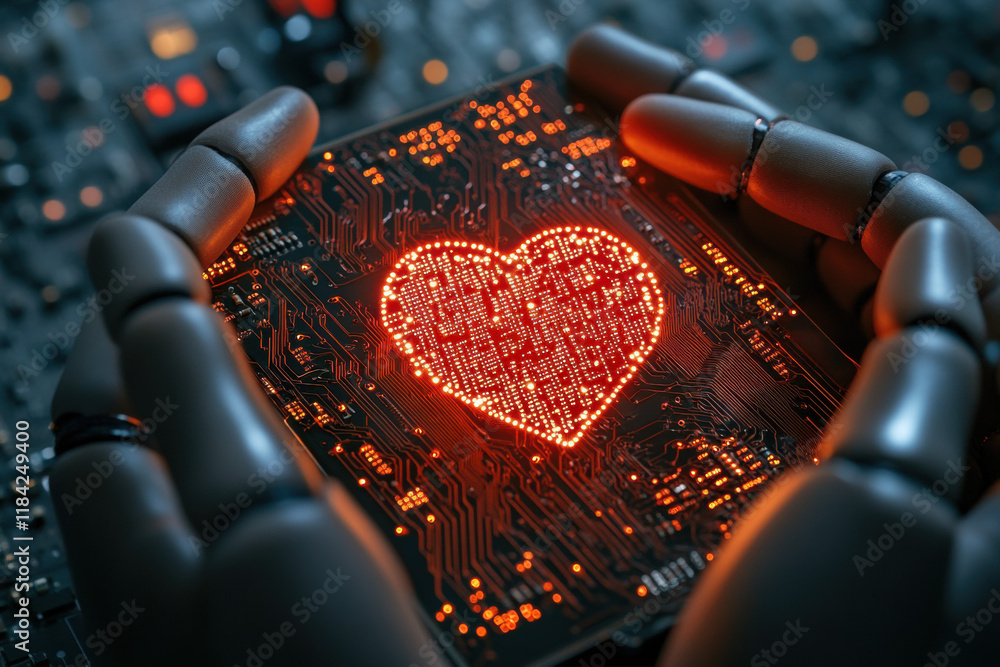 Poster digital heart, close-up image of robotic fingers grasping a glowing object, showcasing advanced tech