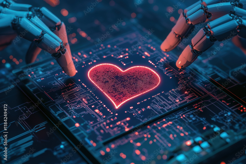 Poster digital heart, a close-up image showcasing robotic fingers grasping a glowing object, highlighting a
