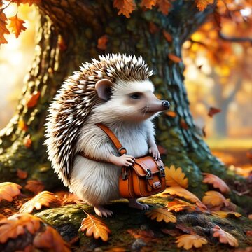 colorful cartoon illustration of a hedgehog walking with its cute bag in an autumn forest