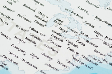 Macro photo of a white pin needle into Columbus city of United States of America political map 