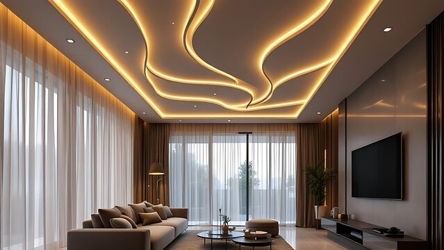 Suspended ceiling with halogen led lamps and drywall construction in empty room in apartment or house. Stretch ceiling white and complex shape.