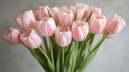 Fototapeta premium Delicate pink tulips display soft petals and gentle textures in romantic macro photography, capturing spring blooms with shallow depth of field in dreamy morning light.