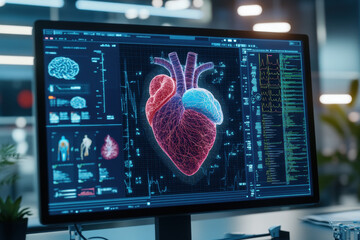 Digital heart, A detailed digital animation of a heart, featuring vibrant colors and intricate designs, ideal for medical and educational uses.