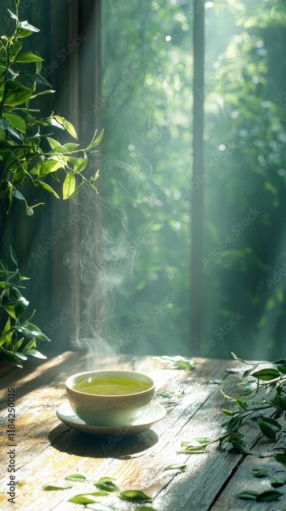 Aufkleber a steaming cup of green tea sits on a rustic wooden surface, enveloped by lush greenery. sunlight fi