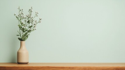 Fototapeta premium Simple vase of wildflowers on wooden shelf against a light green wall.
