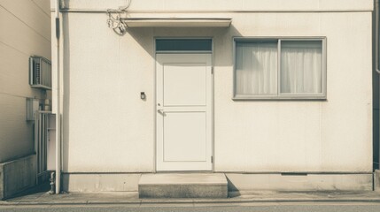 Fototapeta premium Simple white door and window on a light beige building exterior.