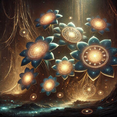 Glowing Pool Reflects Mysterious Flowers in a Bioluminescent Cavern