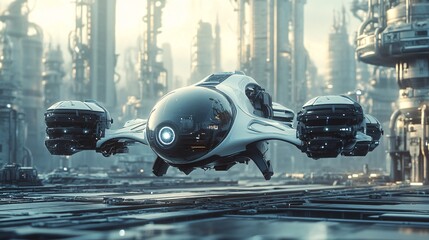 A sleek AI drone scanning a futuristic industrial landscape