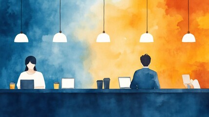 Fototapeta premium Cozy Watercolor of a Coffee Shop with Customers Working on Laptops