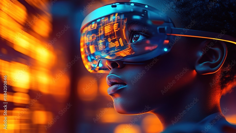 Poster exploring immersive digital worlds: a child's journey into virtual reality with futuristic technolog