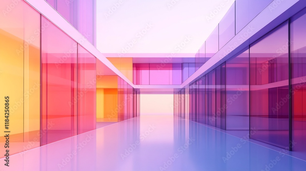 Poster futuristic transparent office building with floating desks and vibrant geometric patterns