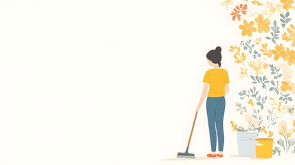 Fototapeta premium A flat vector illustration of an attractive woman mopping the floor in her living room, simple design