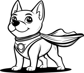 Cartoon superhero dog with a cape in black and white illustration.