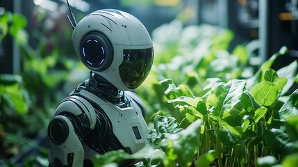 Fototapeta premium A robotic assistant gardening in a high-tech, self-sustaining biosphere