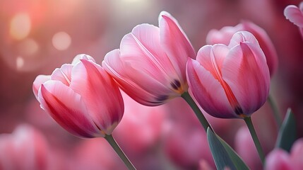 Fototapeta premium Delicate pink tulips display soft petals and gentle textures in romantic macro photography, capturing spring blooms with shallow depth of field in dreamy morning light.