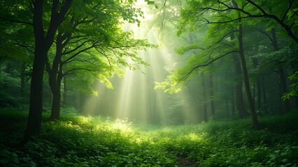 Fototapeta premium Lush Green Forest Sunlight Rays, Serene Nature Scene with Sunbeams Filtering Through Trees