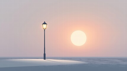 Minimalist winter field with lamppost illuminating soft snow