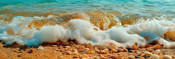 Gentle waves crashing on a sandy beach with seashells scattered along the shore.