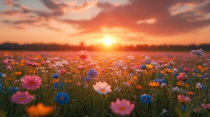 Obraz premium Vibrant wildflowers bathed in sunset's glow, a breathtaking meadow scene.