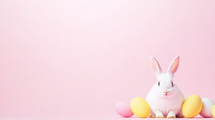 easter bunny with easter eggs - blue studio background. 