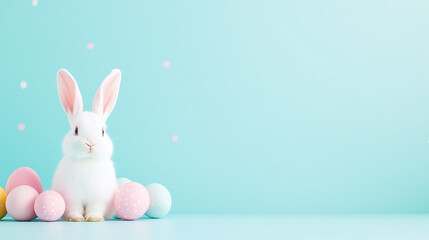 Obraz premium easter bunny with easter eggs - blue studio background. 